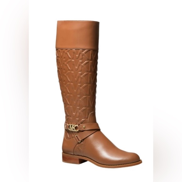MICHAEL Michael Kors Brown Monogram Embossed Leather Tall Leather Boot - Picture 1 of 10